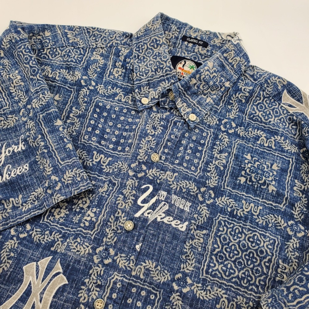Reyn Spooner New York Yankees MLB Blue Bandana Print Shirt Mens M Classic Fit